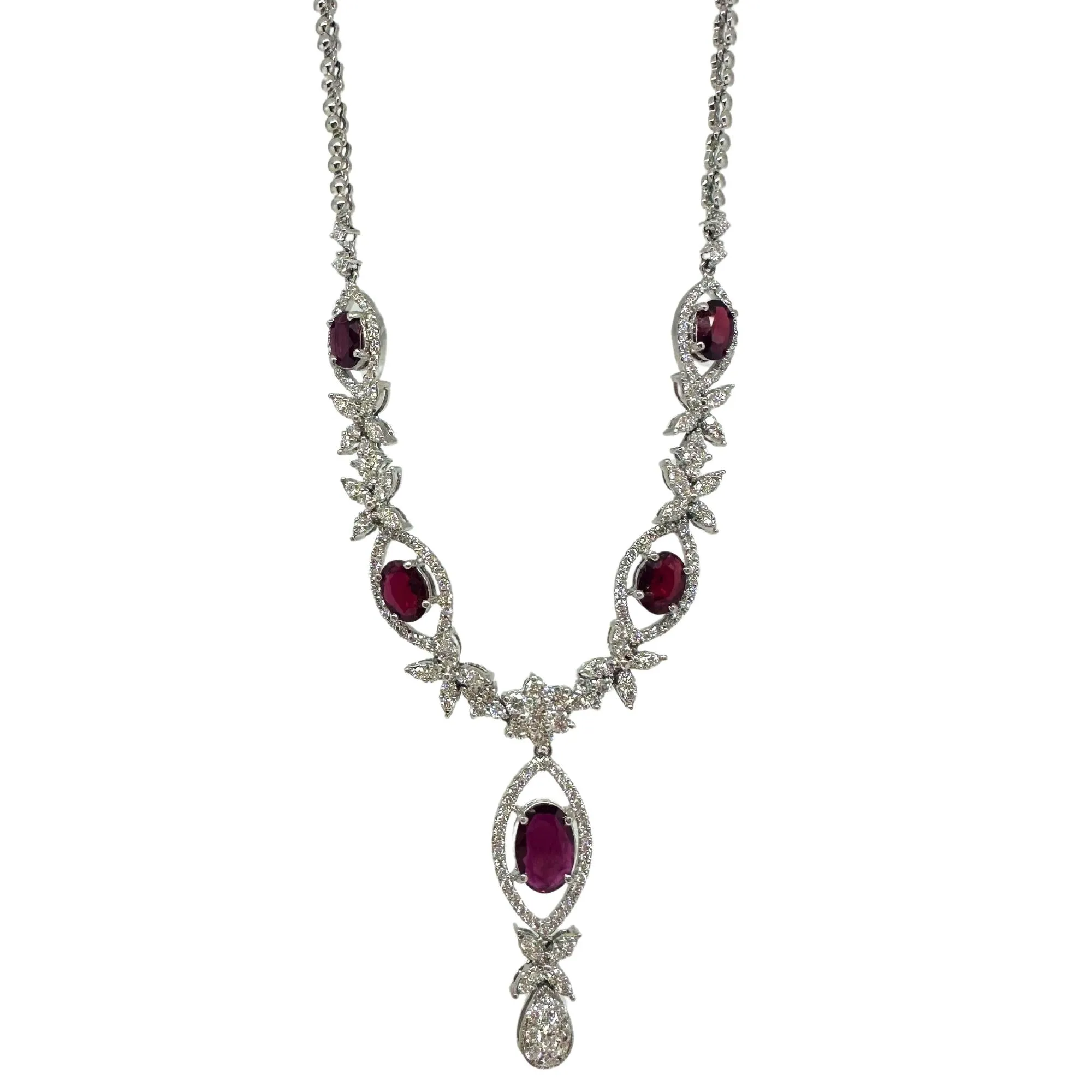 18K White Gold Diamond and Oval Ruby Necklace