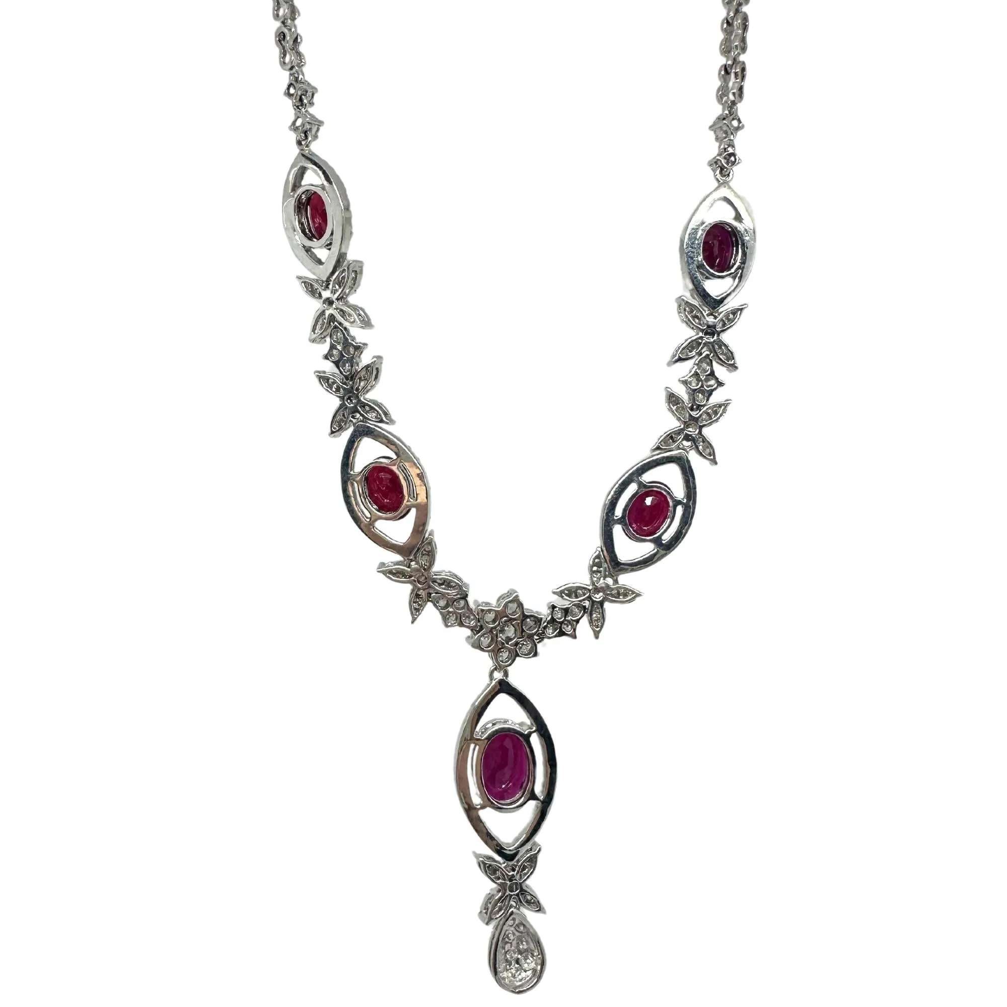 18K White Gold Diamond and Oval Ruby Necklace