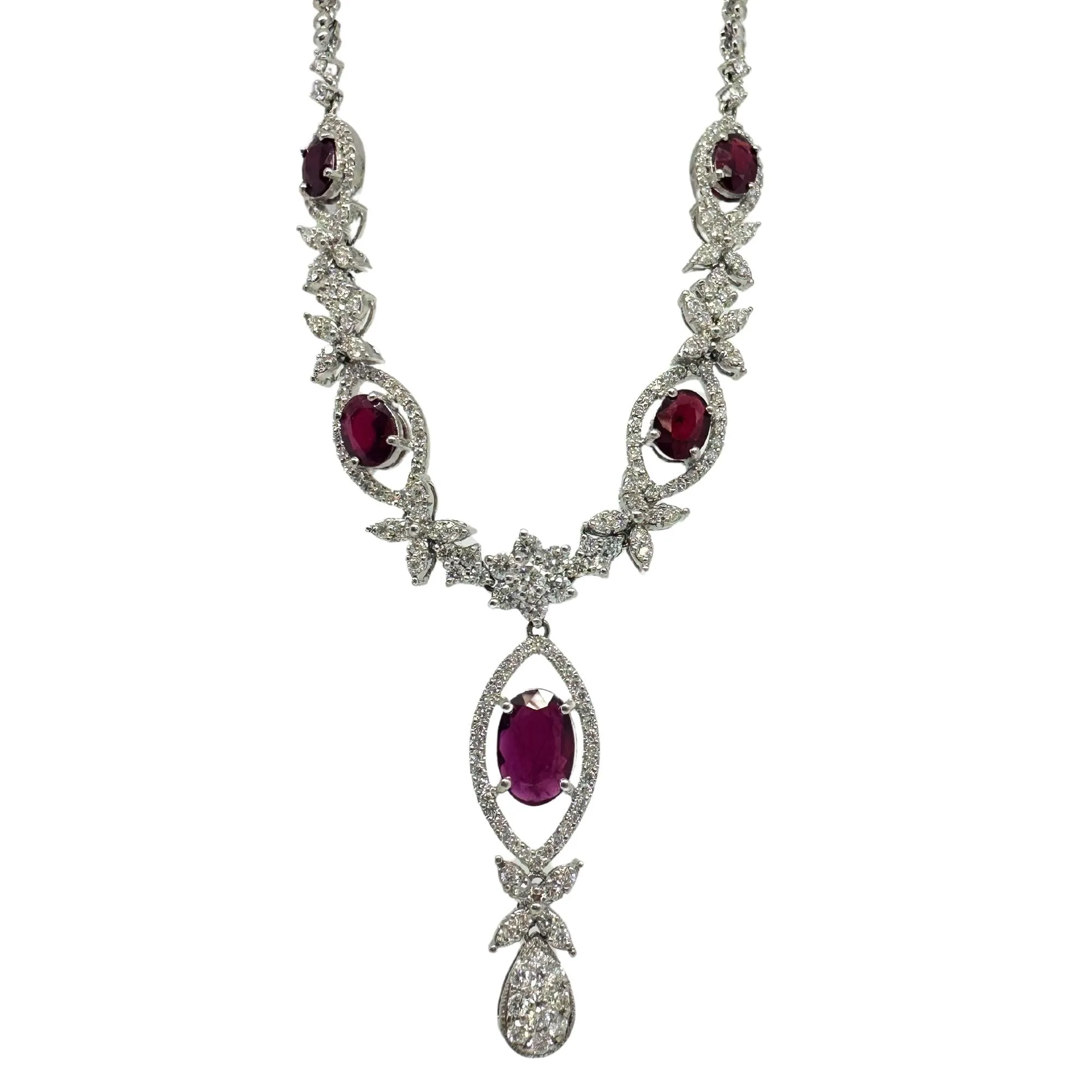 18K White Gold Diamond and Oval Ruby Necklace