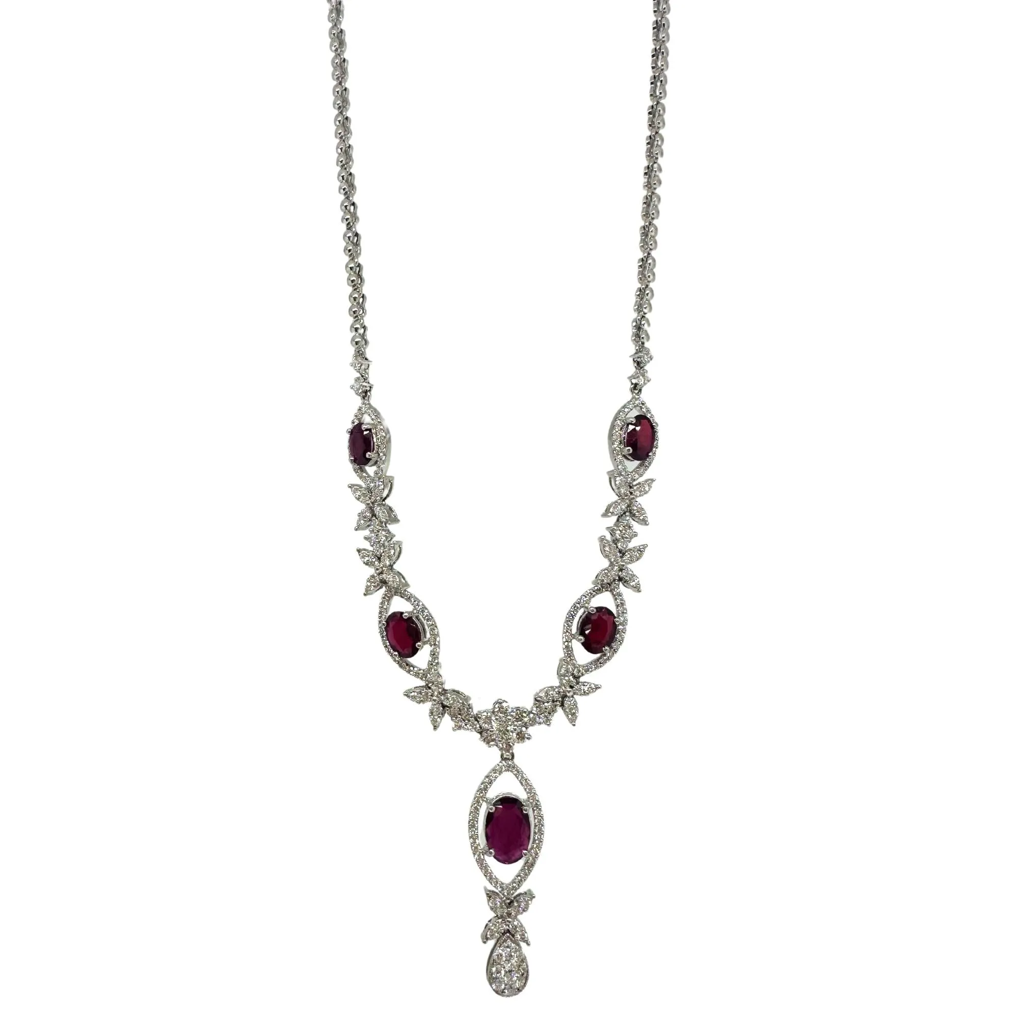 18K White Gold Diamond and Oval Ruby Necklace