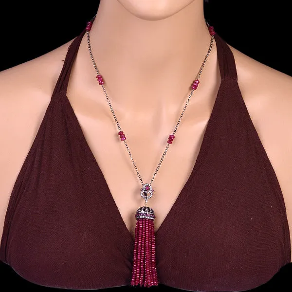 18K Yellow Gold 925 Silver Faceted Ruby Beads Pave Diamond Tassel Necklace
