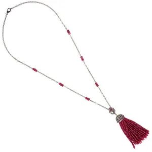 18K Yellow Gold 925 Silver Faceted Ruby Beads Pave Diamond Tassel Necklace