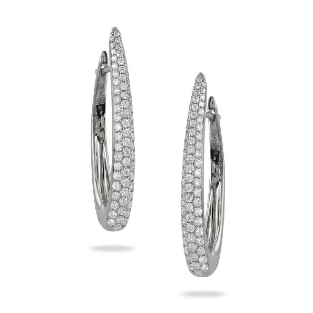 18KT White Gold Diamond Pave Elongated Hoop Earrings