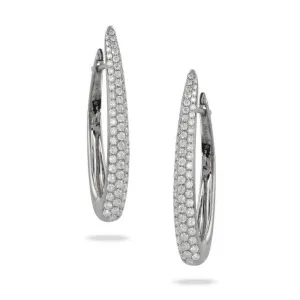 18KT White Gold Diamond Pave Elongated Hoop Earrings