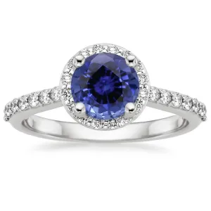 18kt White Gold Round Sapphire Ring with Diamond Halo and Shoulders