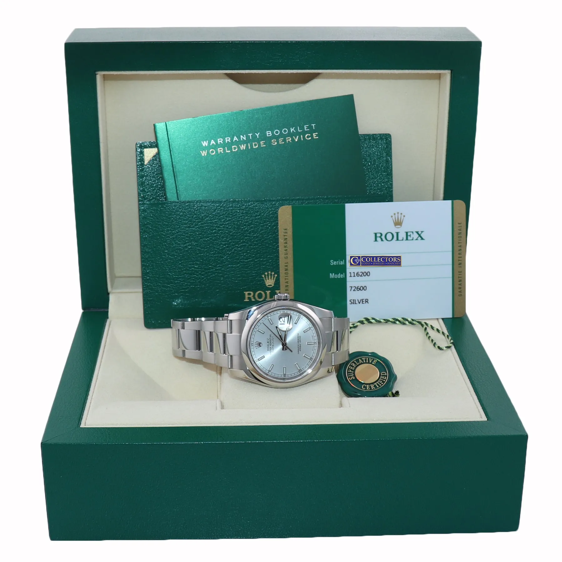 2019 NEW PAPERS Rolex DateJust Silver Stick 116200 36mm Oyster Steel Watch Box
