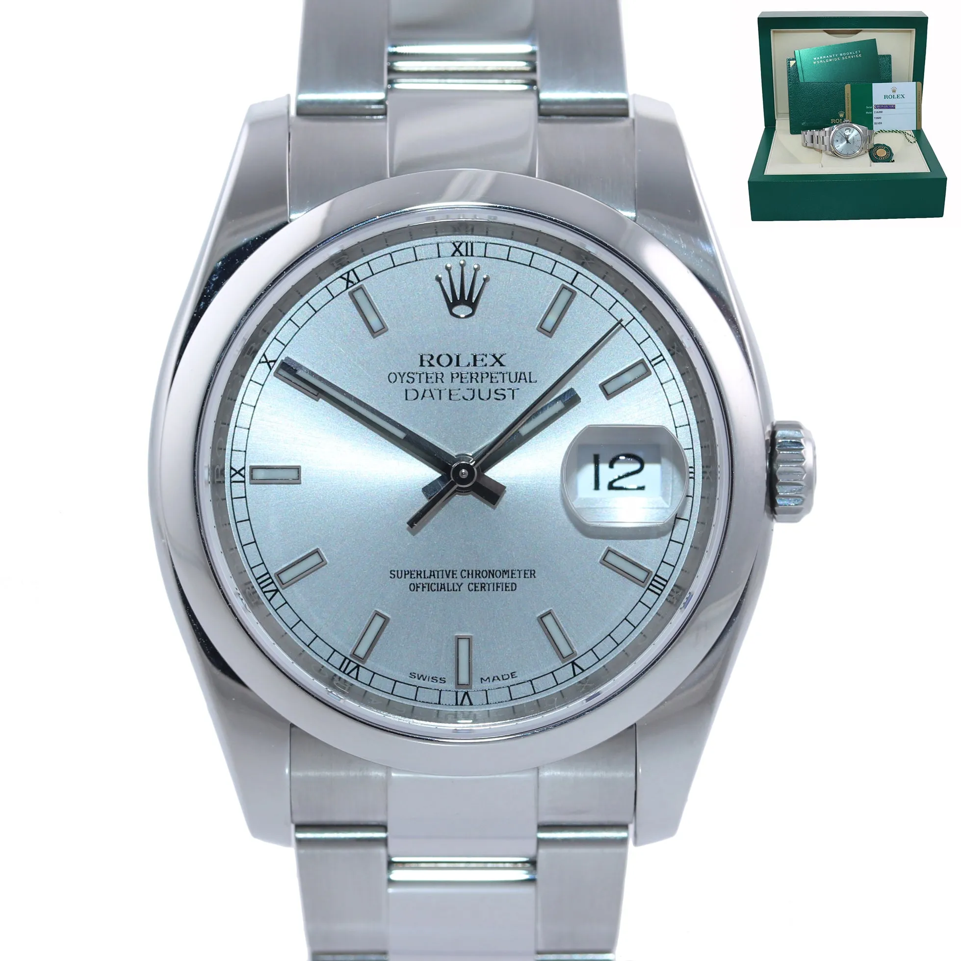 2019 NEW PAPERS Rolex DateJust Silver Stick 116200 36mm Oyster Steel Watch Box