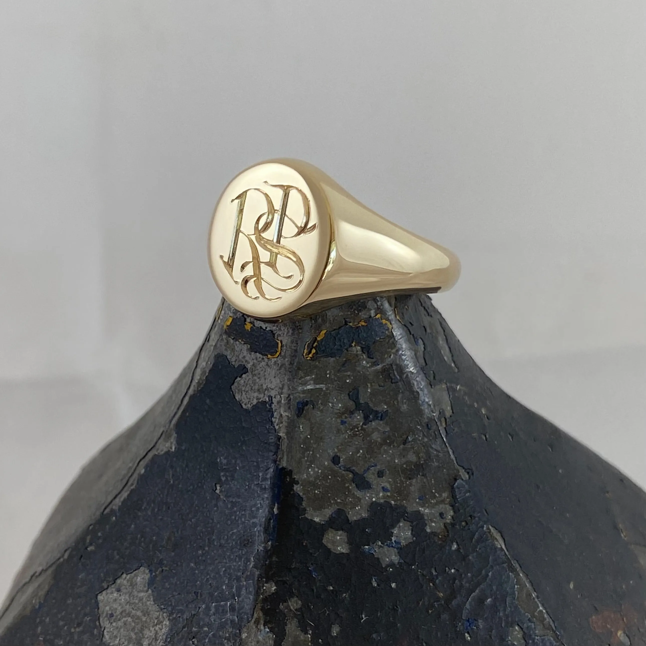 3 Initials Engraved  13mm Round  -  9 Carat Yellow Gold Signet Ring