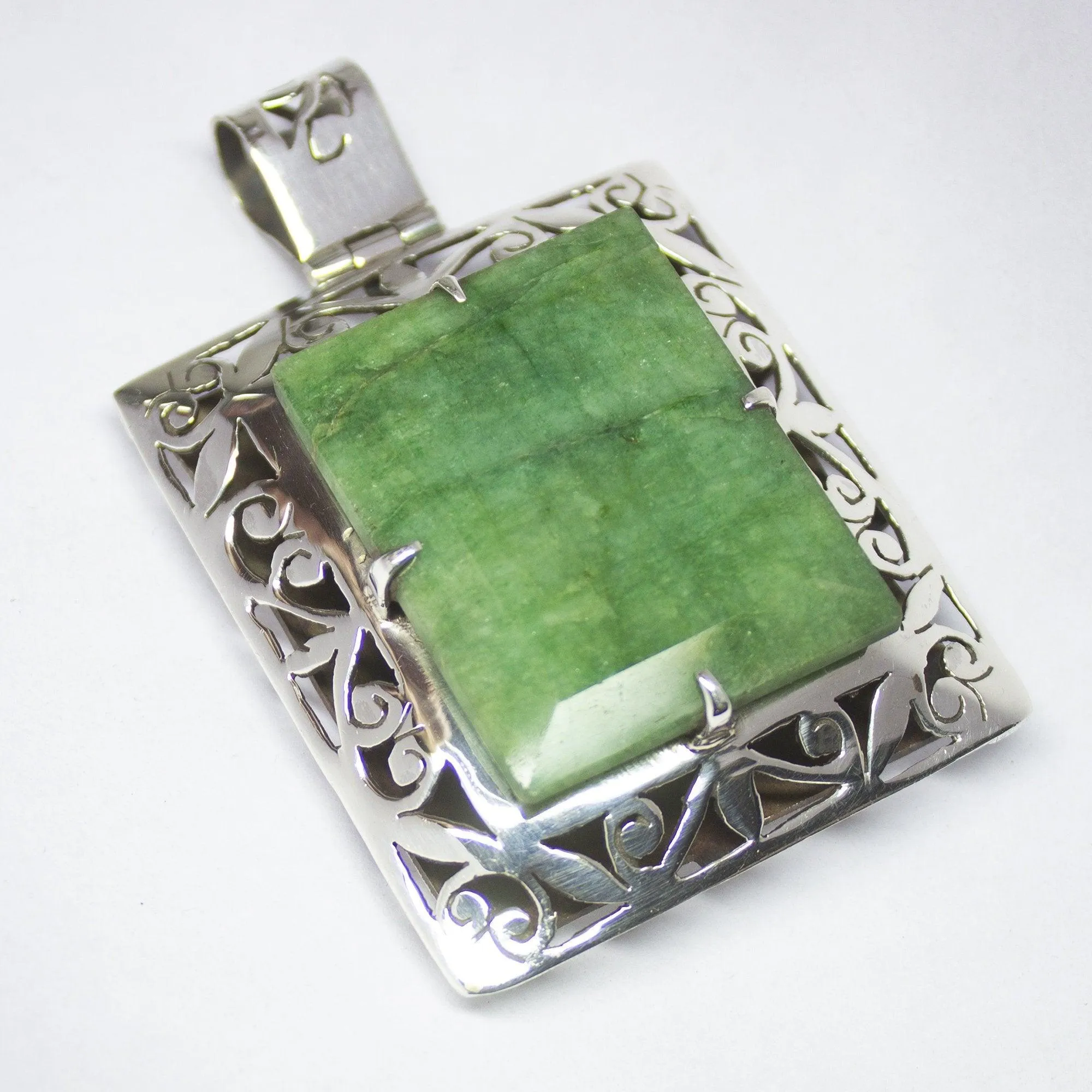 35.5g, Totally Handmade Natural Emerald Rectangle Shape 925 Sterling Silver Pendant