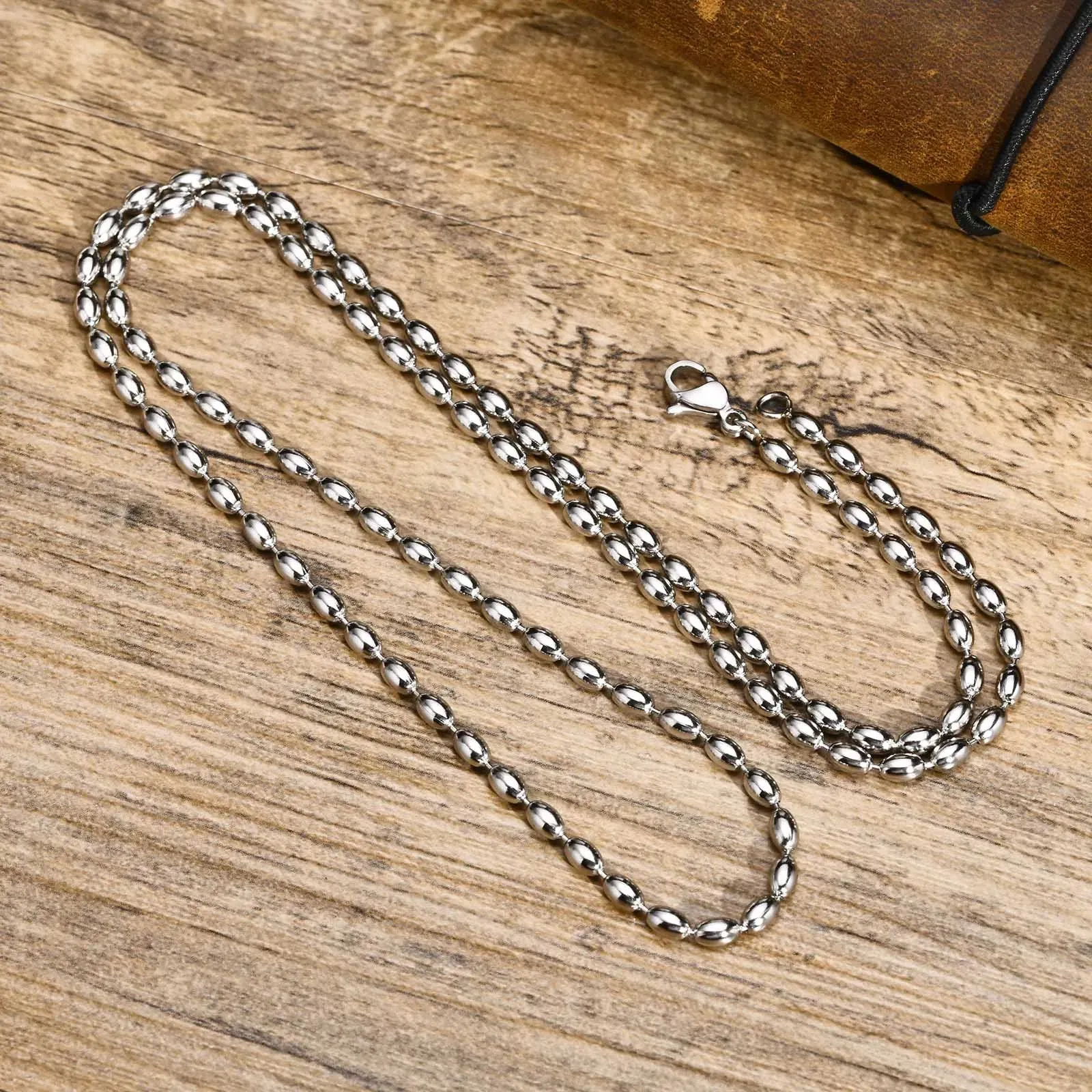 3MM Rugby Beads Chain Necklaces for Men Stainless Steel Cool Boy Trendy Stylish Metal Collar Gifts
