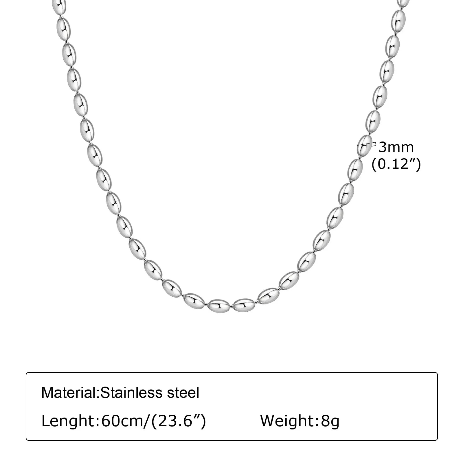 3MM Rugby Beads Chain Necklaces for Men Stainless Steel Cool Boy Trendy Stylish Metal Collar Gifts