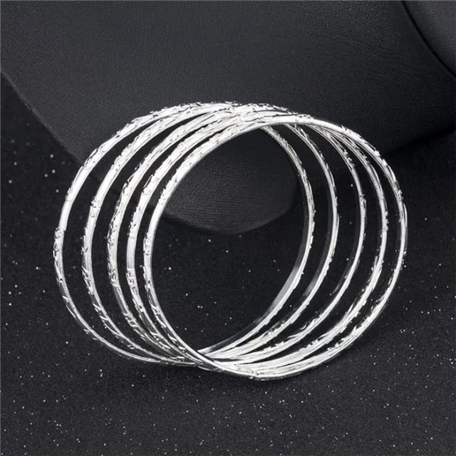 5 Pcs/Set Simple Carving Flower Pattern Cuff Bangle Bracelet for Women