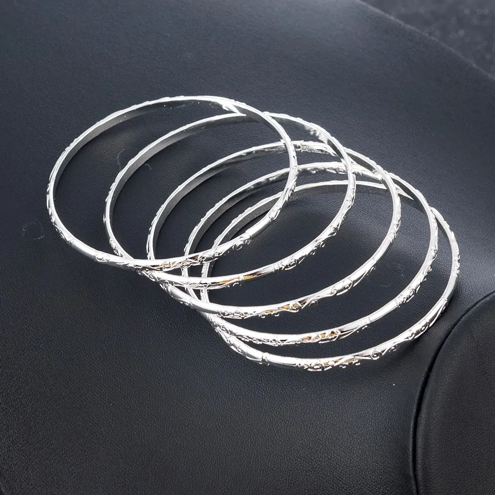 5 Pcs/Set Simple Carving Flower Pattern Cuff Bangle Bracelet for Women