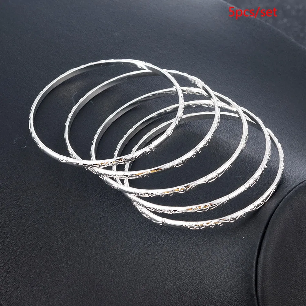 5 Pcs/Set Simple Carving Flower Pattern Cuff Bangle Bracelet for Women
