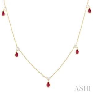 5x3 MM Pear Shape Ruby and 1/8 ctw Round Cut Diamonds Precious Station Necklace in 10K Yellow Gold