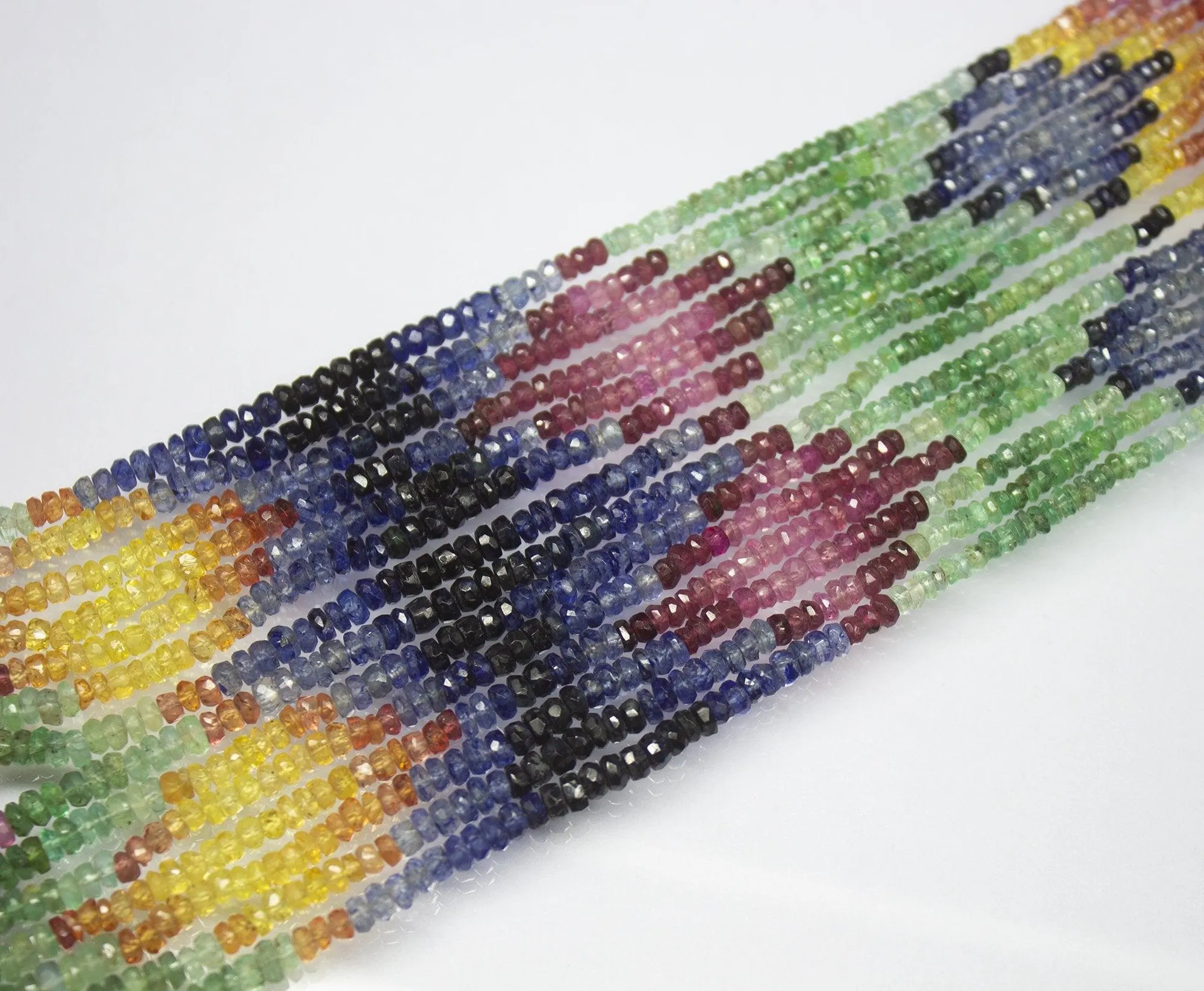 6 strand, 19 inches, 3mm 3.5mm, Natural Ruby, Emerald, Sapphire Faceted Rondelle Shape Beaded Necklace, Gemstone Beads