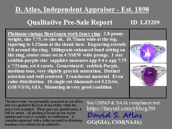 6.22ctw Edwardian Purple Star Sapphire Diamond Ring