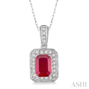 6x4 MM Emerald Shape Ruby and 1/5 ctw Round Cut Diamond Pendant in 14K White Gold with Chain