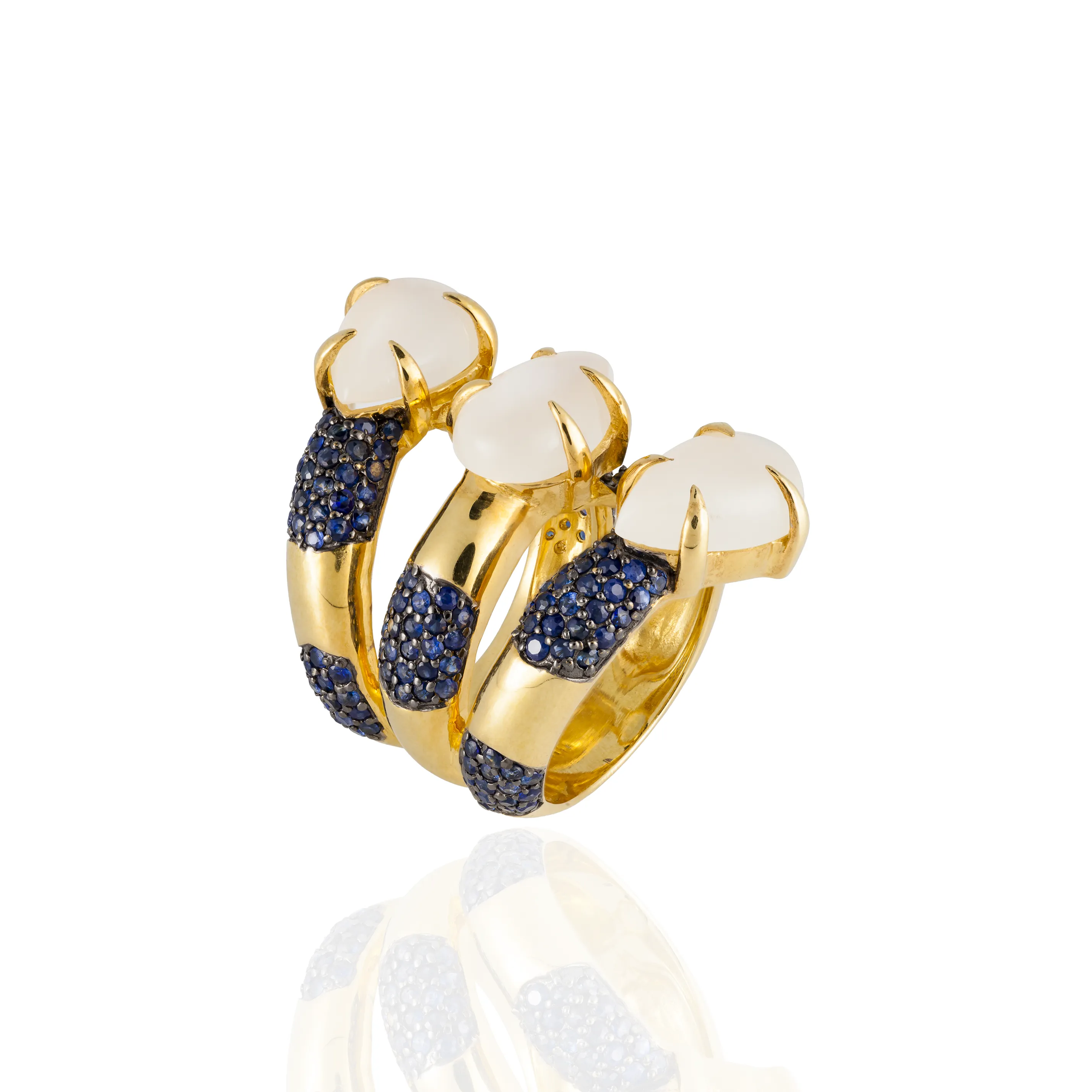 925 Silver Ring with Pear Shaped Moonstone Cabochons & Blue Sapphires
