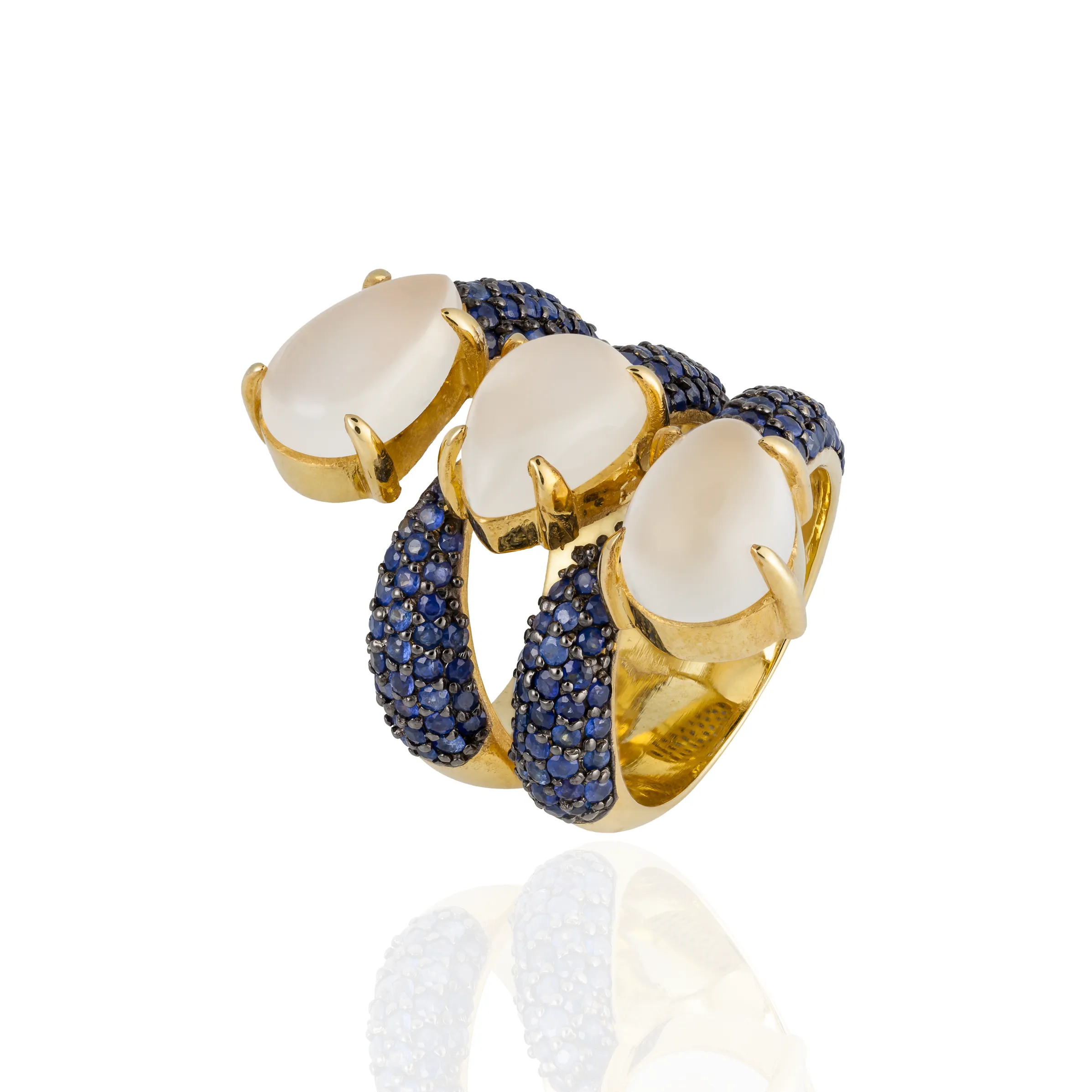 925 Silver Ring with Pear Shaped Moonstone Cabochons & Blue Sapphires