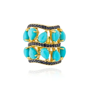 925 Silver Ring with Turquoise Cabochons & Sapphires