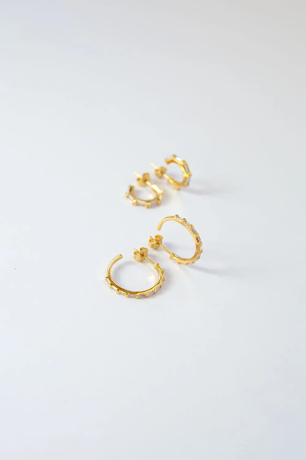 925 Sterling Silver Medium Gold CZ Baguette Pavé Hoops