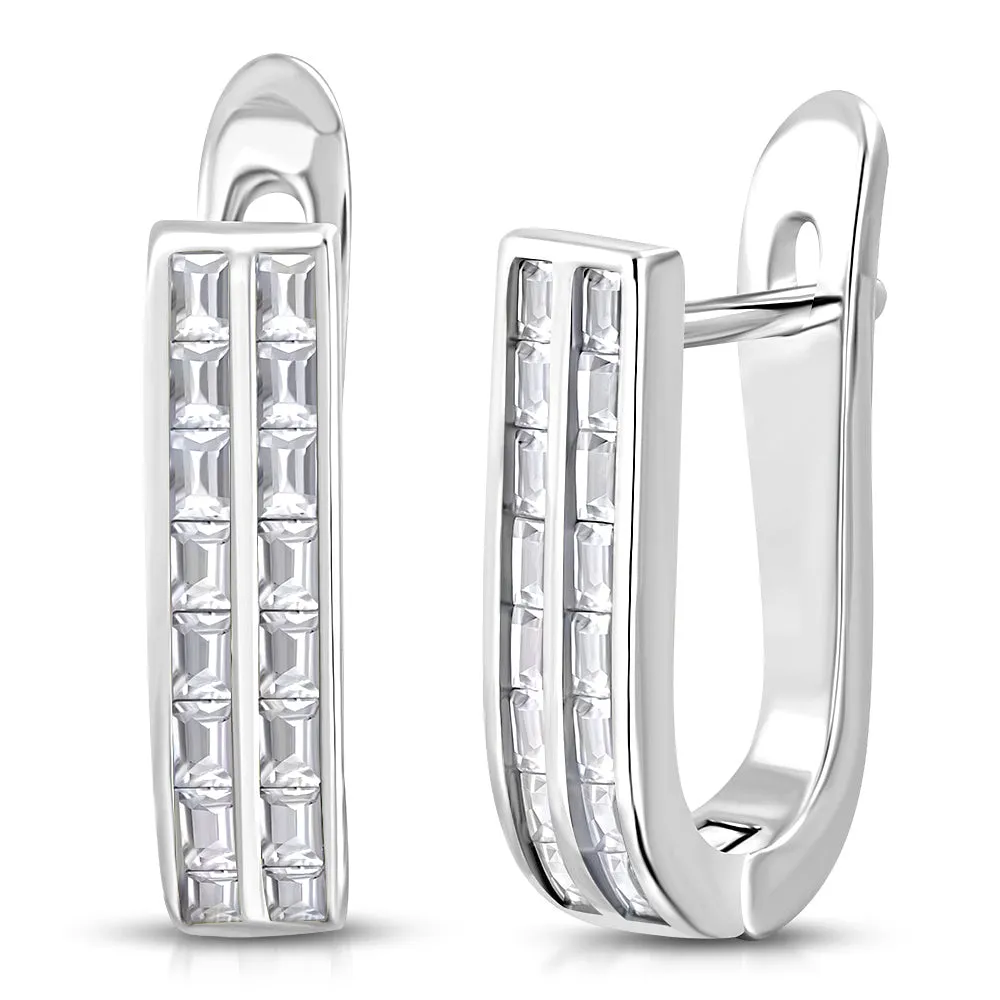 925 Sterling Silver Rose Gold-Tone Baguette CZ Hoop Huggie Earrings