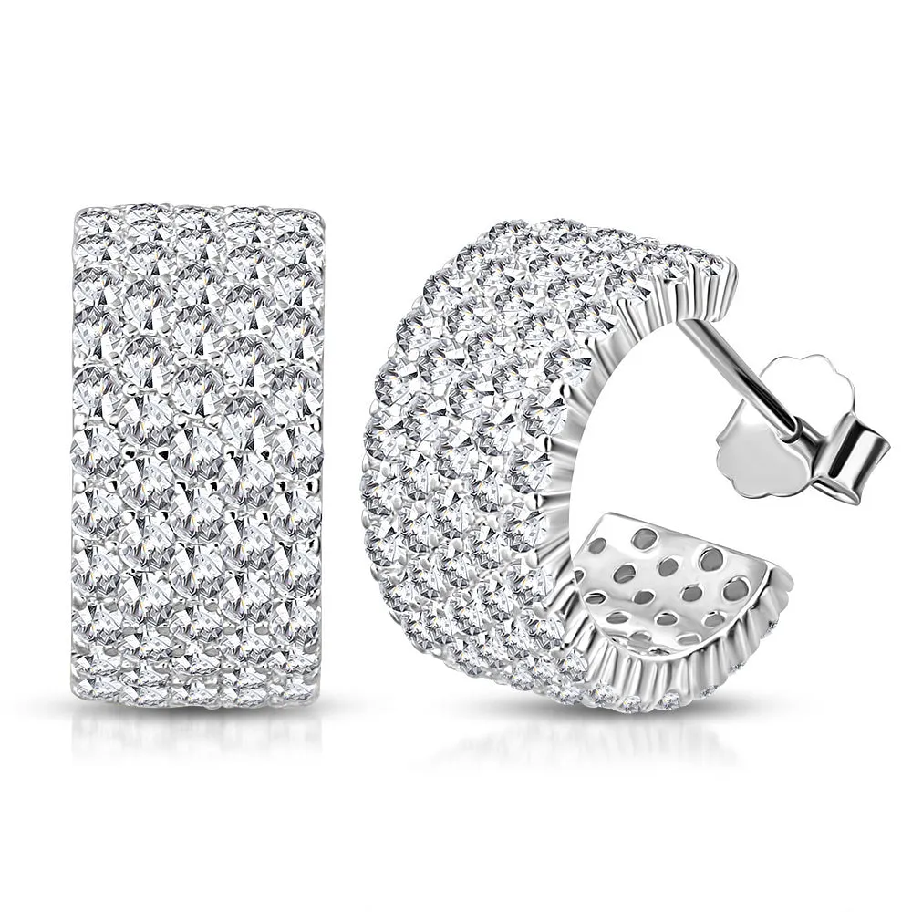 925 Sterling Silver White Clear CZ Half Hoop Huggie Earrings. 0.55"