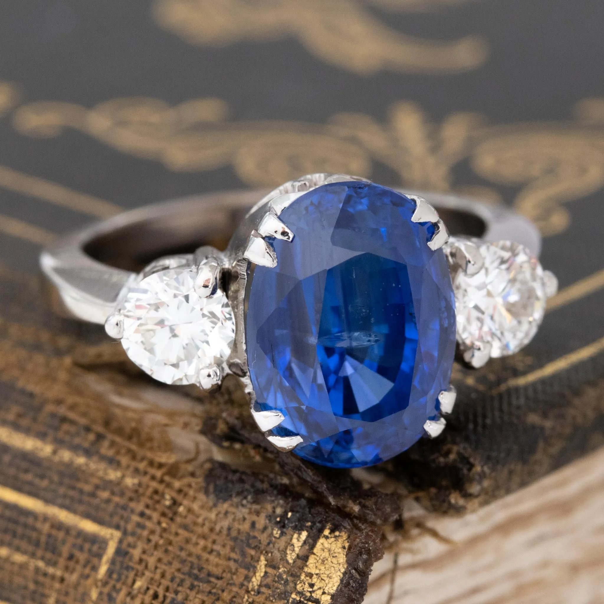 9.44ctw Vintage Diamond & Ceylon Sapphire Trilogy Ring