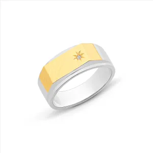 9ct Gold & Sterling Silver Gentlemans Flat Top Signet Ring with Round Diamond M3009