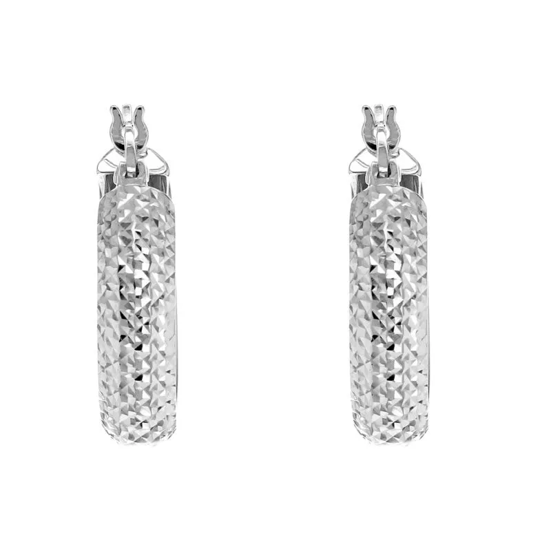 9ct White Gold Diamond Cut Hoop Earrings