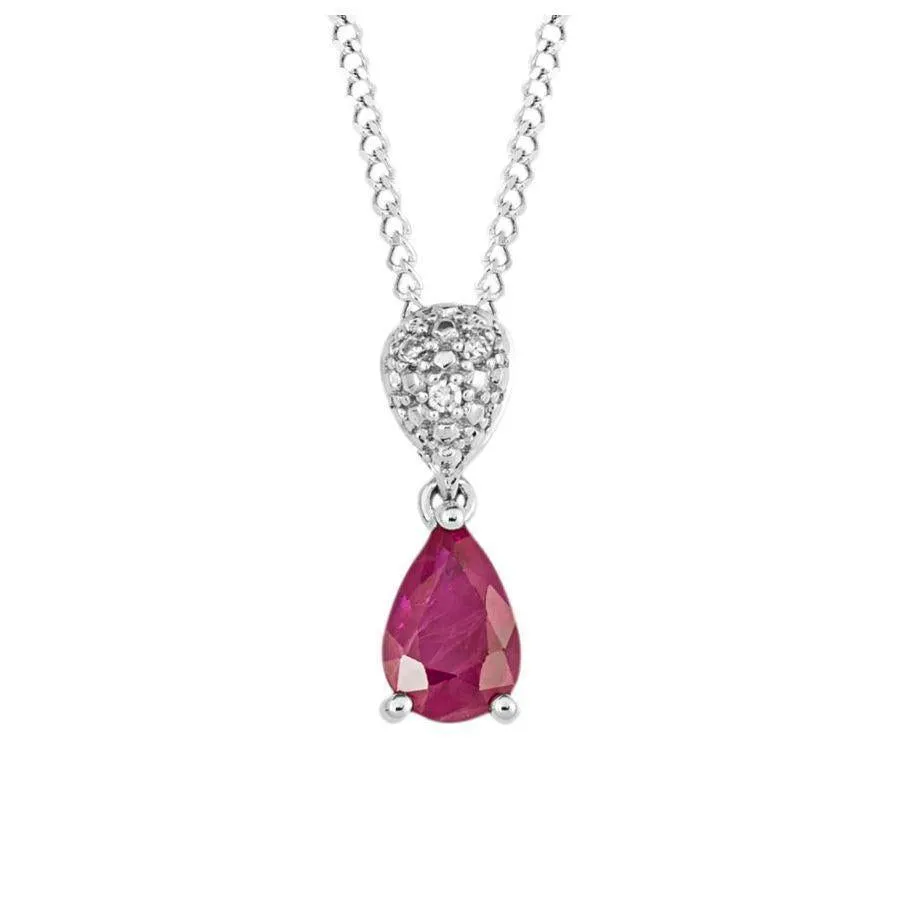 9ct White Gold Pear-Shaped Ruby & Diamond Drop Pendant