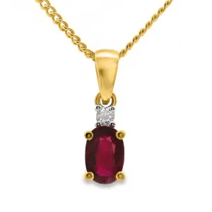 9ct Yellow Gold Natural Ruby And Single Diamond Pendant