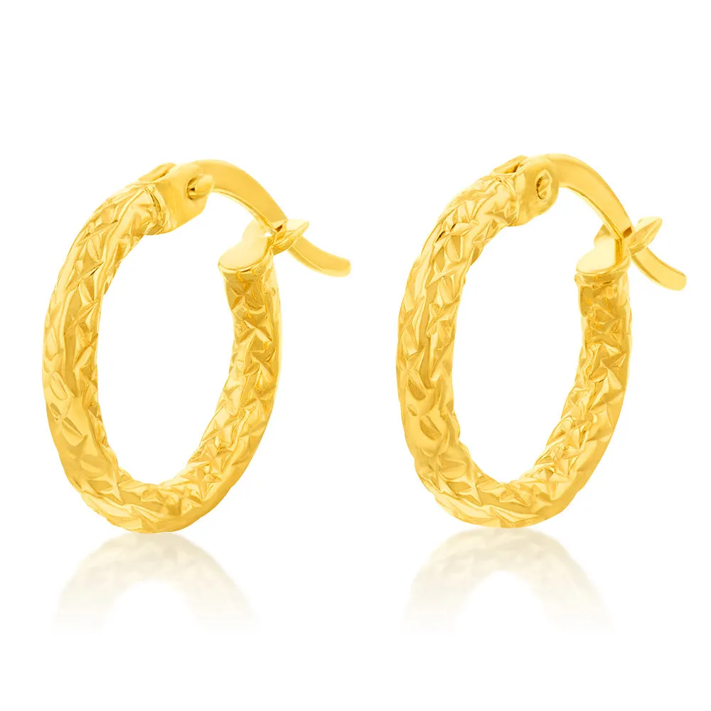 9ct Yellow Gold Silverfilled Diamond Cut 10mm Hoop Earrings