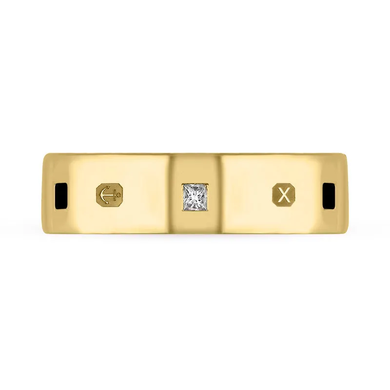 9ct Yellow Gold Whitby Jet 0.18ct Diamond Queen's Jubilee Hallmark Princess Cut 6mm Ring D