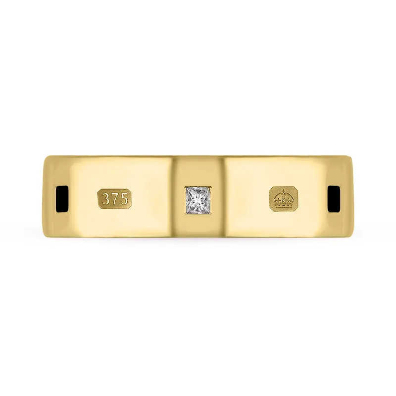 9ct Yellow Gold Whitby Jet 0.18ct Diamond Queen's Jubilee Hallmark Princess Cut 6mm Ring D