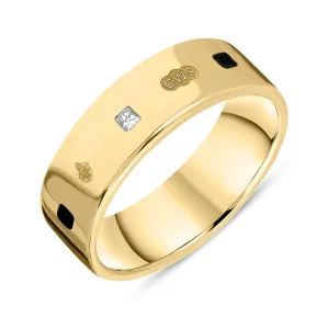 9ct Yellow Gold Whitby Jet 0.18ct Diamond Queen's Jubilee Hallmark Princess Cut 6mm Ring D