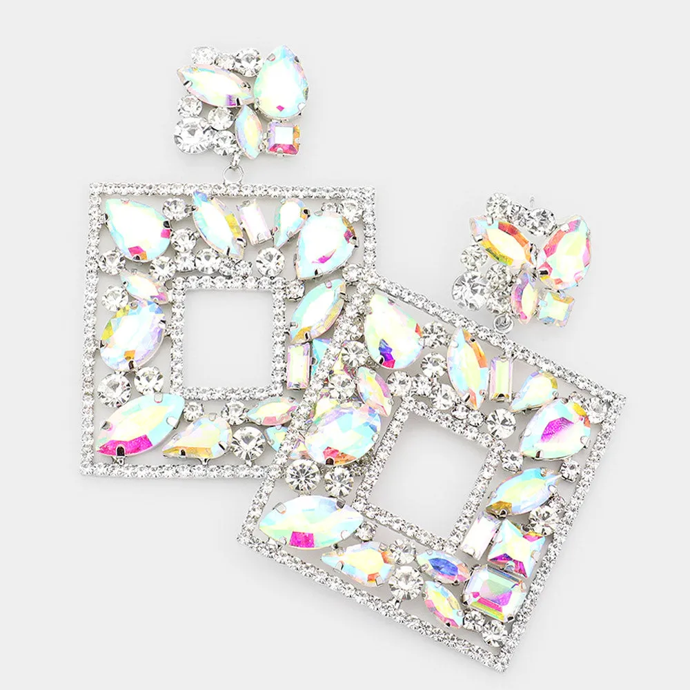 AB Multi Crystal Stone Square Chandelier Pageant Earrings  | Prom Earrings | 537265