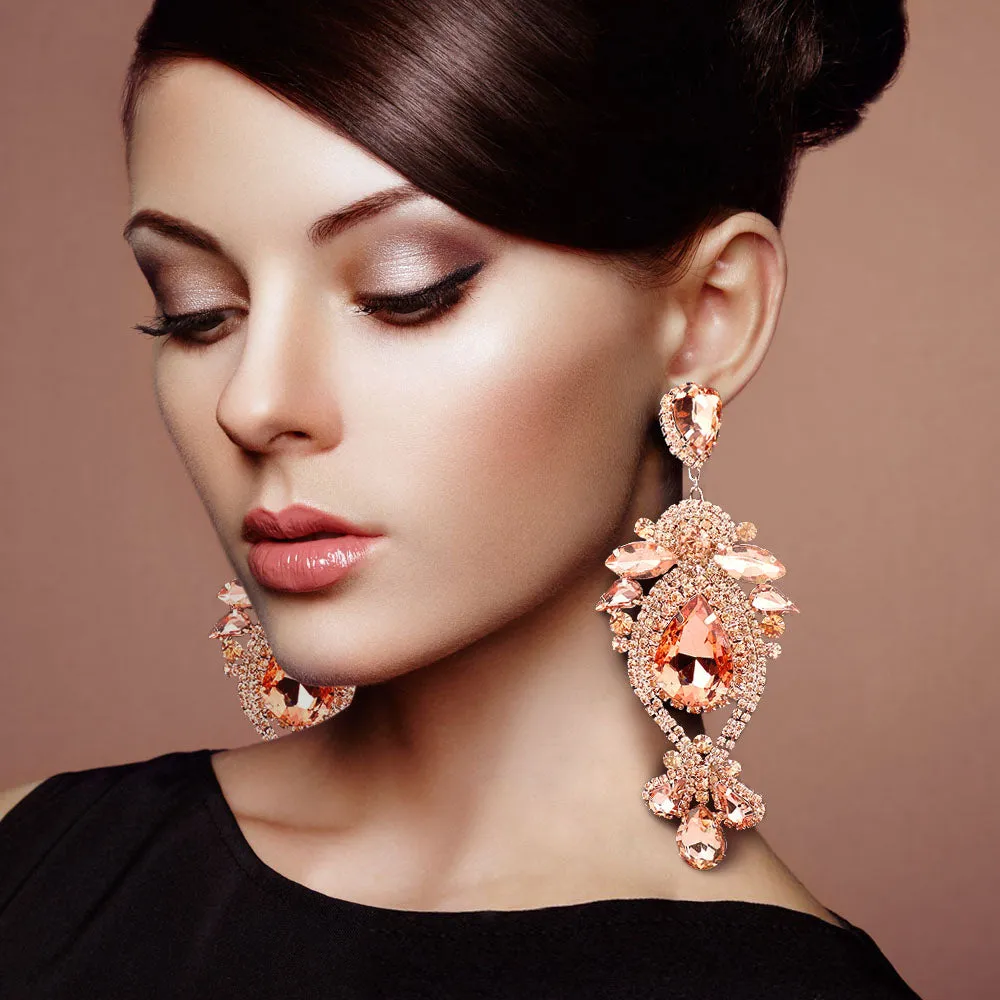 AB Oversized Multi Stoned Crystal Chandelier Pageant Earrings on Gold | Statement Earrings | 555377