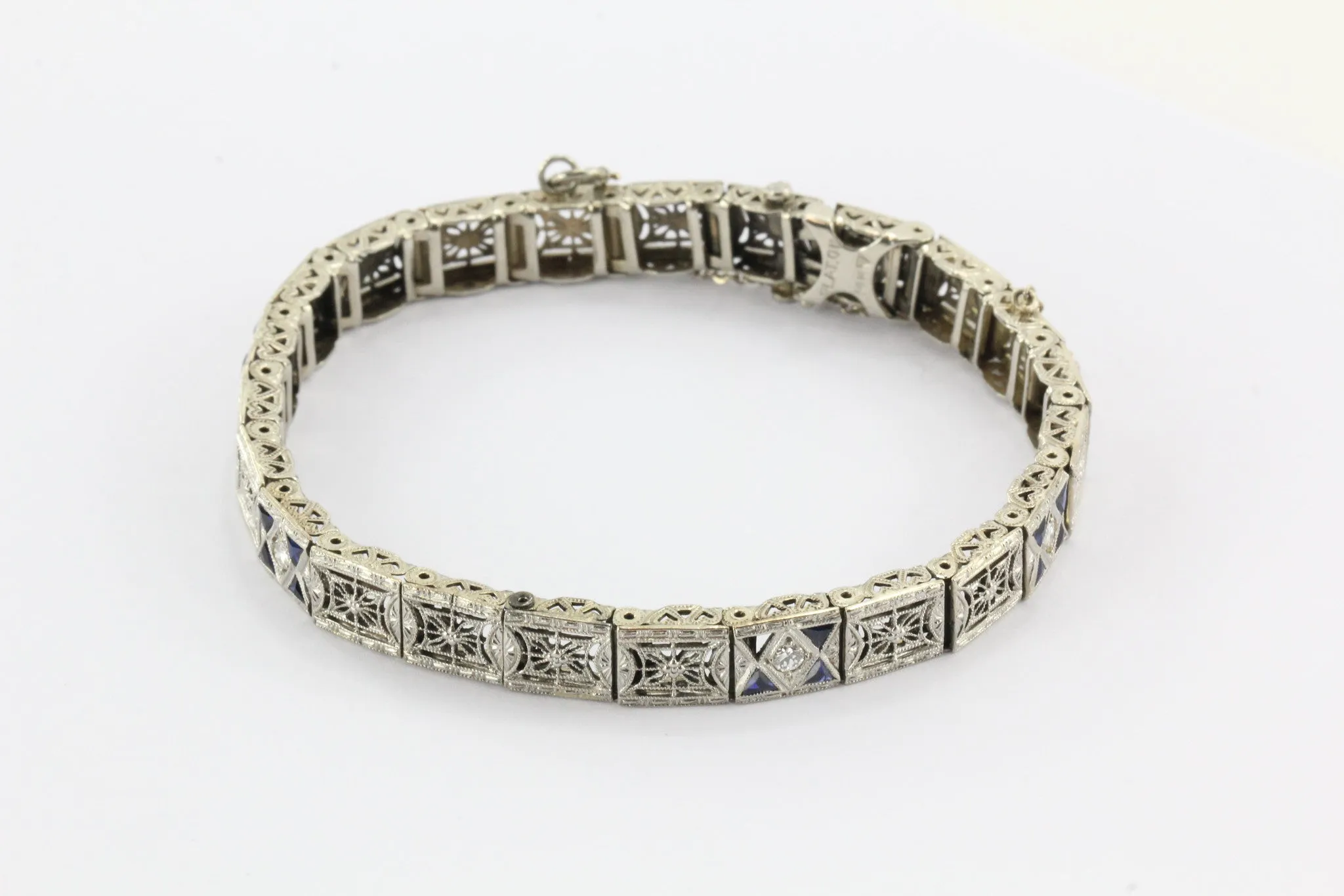 Antique Art Deco J.J. White Diamond & Sapphire Platinum & 14K Gold Bracelet