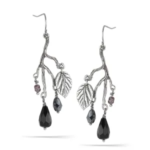 ANTIQUE SILVER LEAF BLACK STONE DROP  EARRINGS #151BK3101 (5F9)