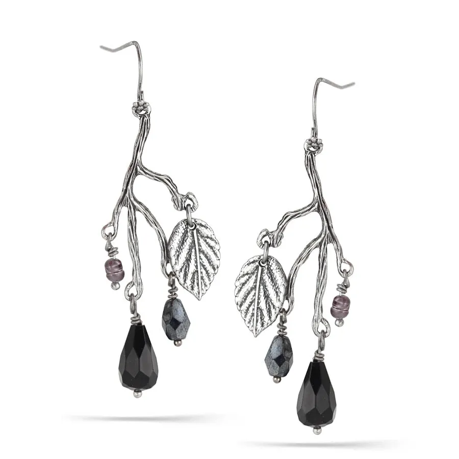 ANTIQUE SILVER LEAF BLACK STONE DROP  EARRINGS #151BK3101 (5F9)