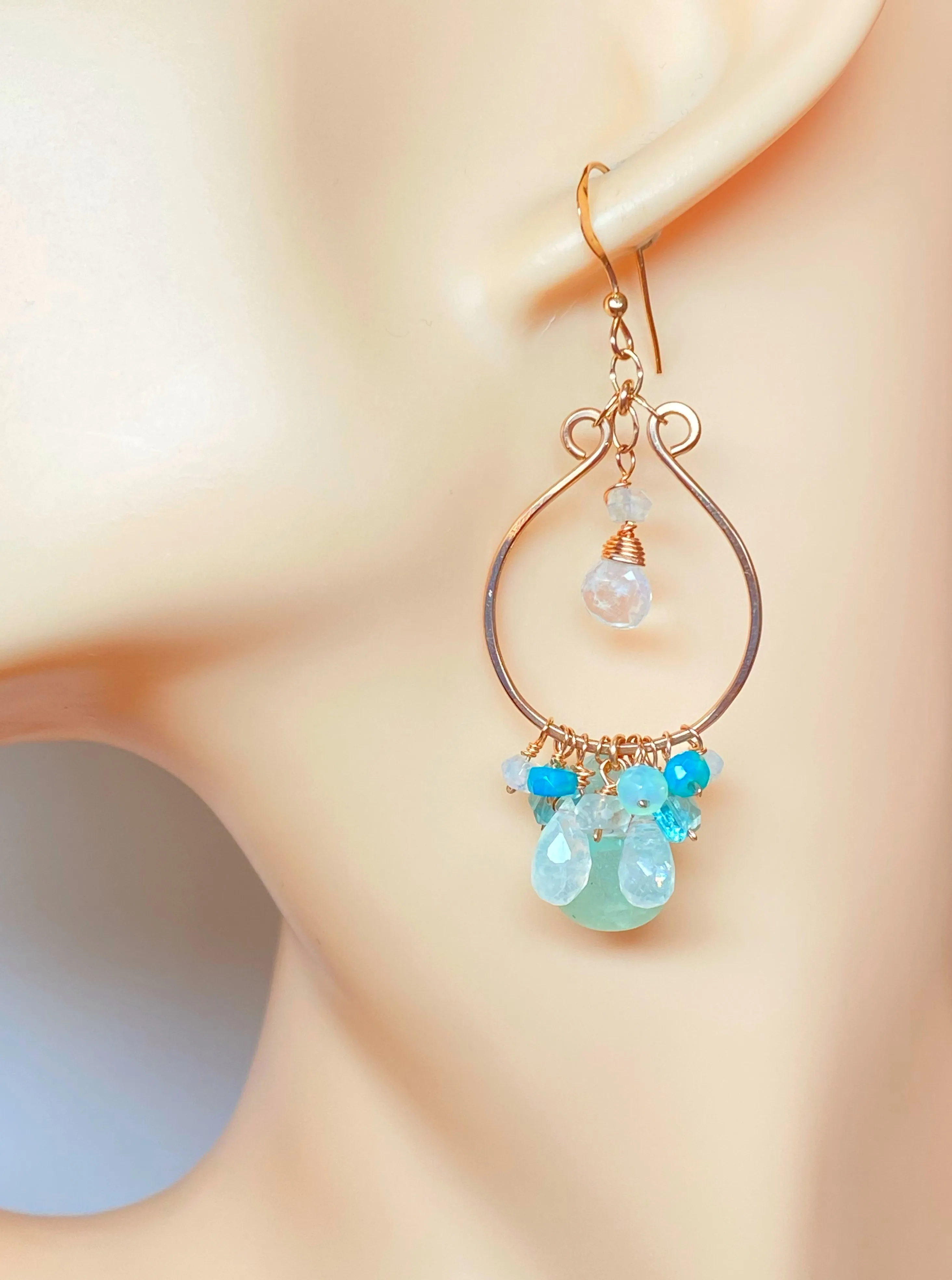 Aqua Chalcedony Rose Gold Hoop Chandelier with Opal, Moonstone, Apatite