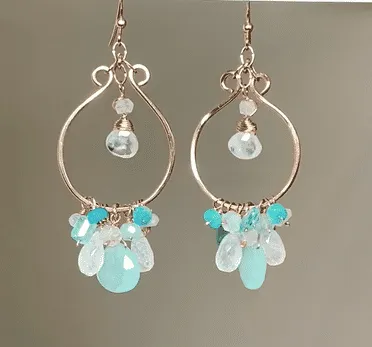 Aqua Chalcedony Rose Gold Hoop Chandelier with Opal, Moonstone, Apatite