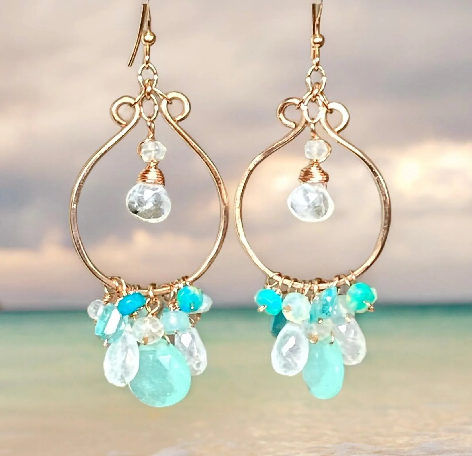 Aqua Chalcedony Rose Gold Hoop Chandelier with Opal, Moonstone, Apatite