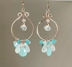 Aqua Chalcedony Rose Gold Hoop Chandelier with Opal, Moonstone, Apatite
