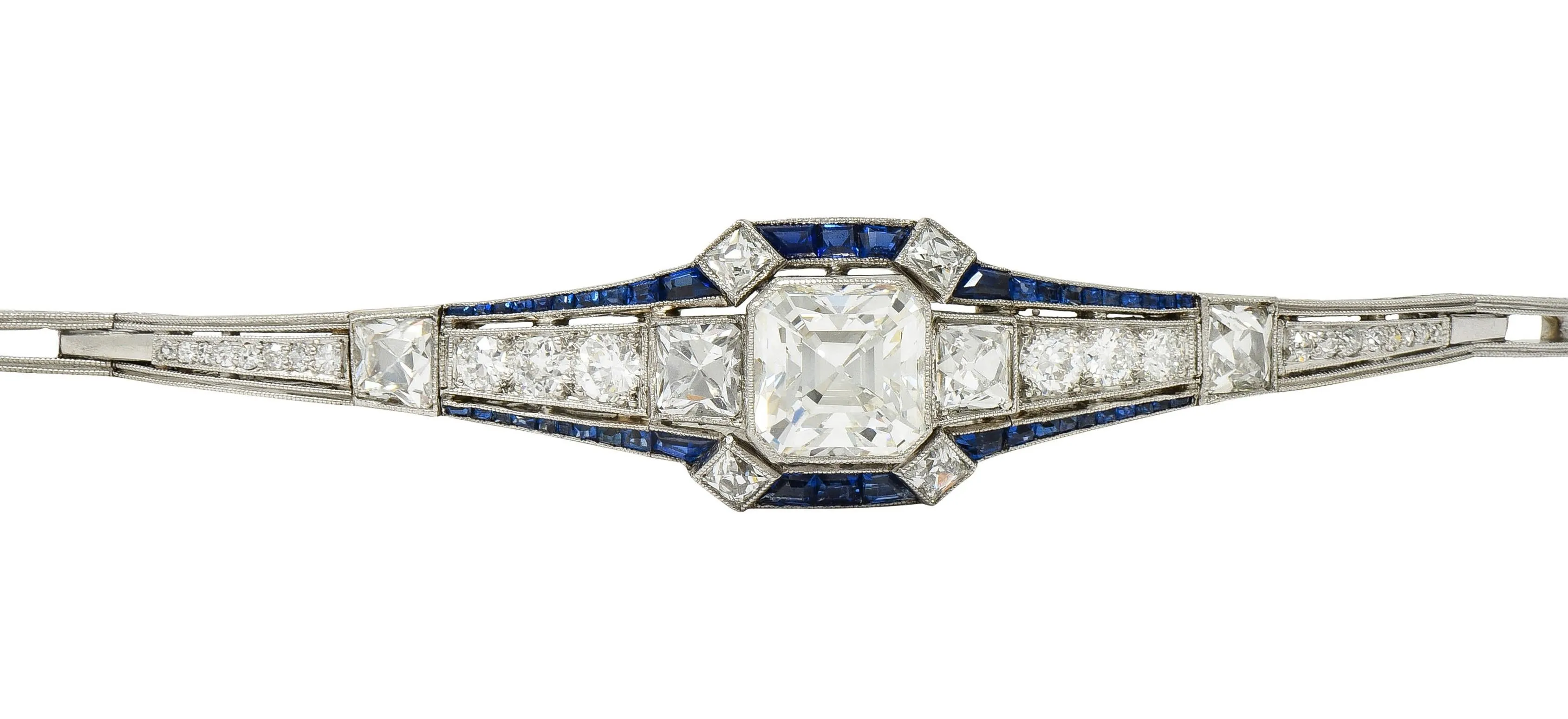 Art Deco 7.32 CTW Asscher Diamond Sapphire Platinum Wheat Vintage Panel Link Line Bracelet