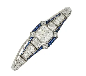 Art Deco 7.32 CTW Asscher Diamond Sapphire Platinum Wheat Vintage Panel Link Line Bracelet