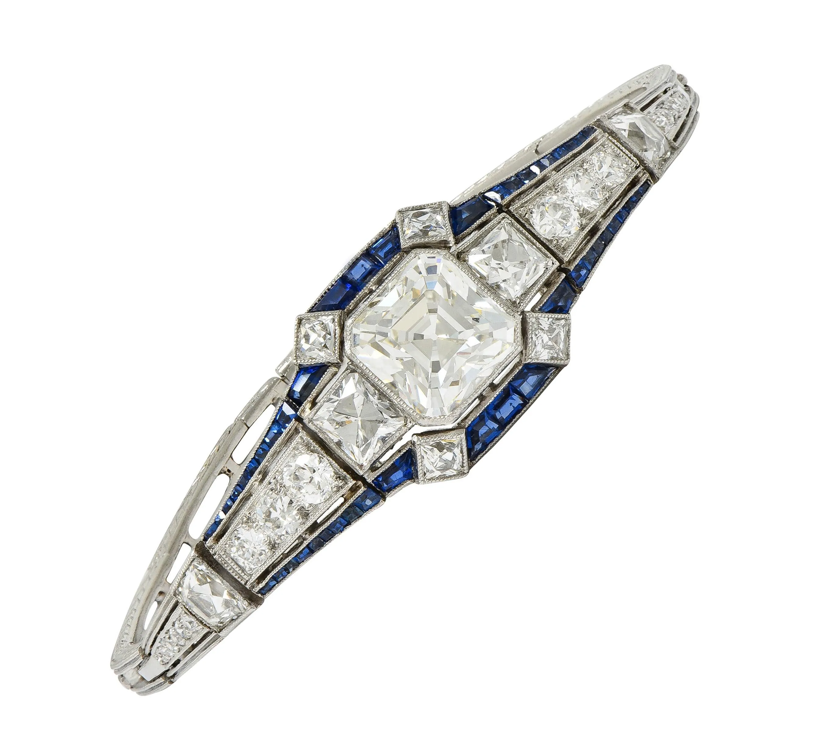 Art Deco 7.32 CTW Asscher Diamond Sapphire Platinum Wheat Vintage Panel Link Line Bracelet