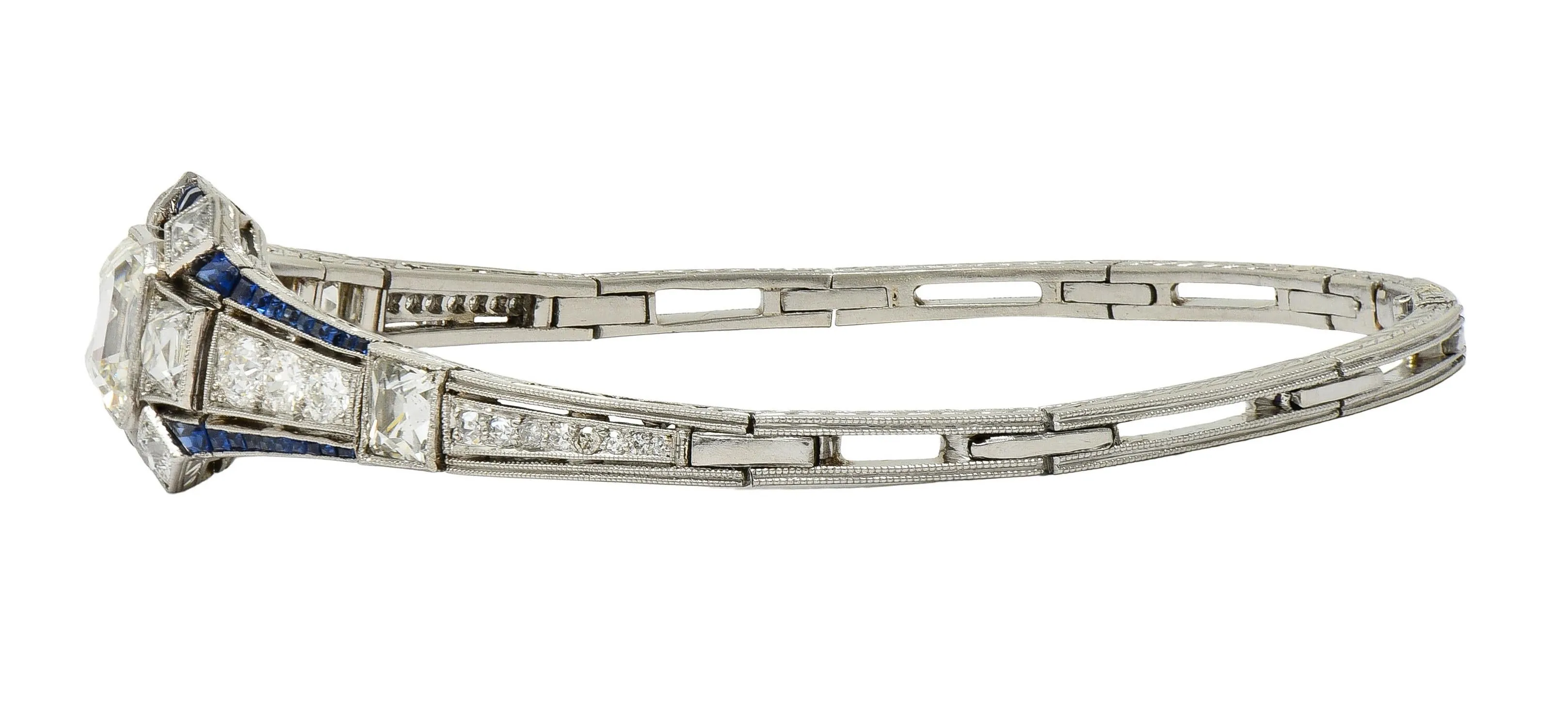 Art Deco 7.32 CTW Asscher Diamond Sapphire Platinum Wheat Vintage Panel Link Line Bracelet